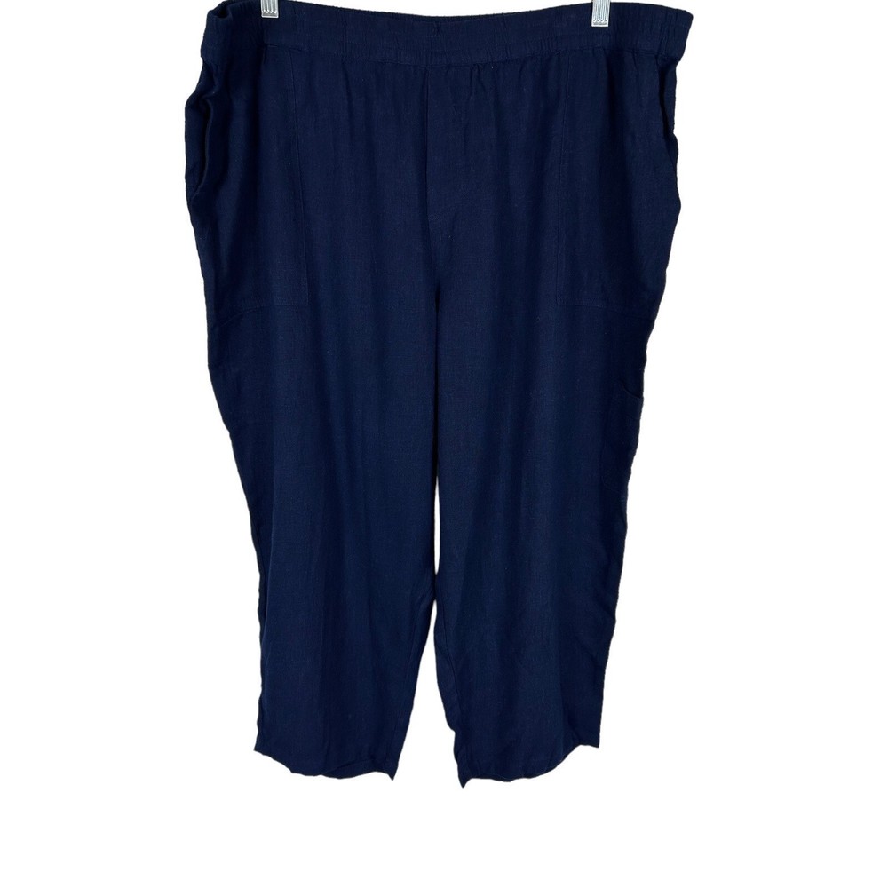 Susan Graver Women's Petite Linen Blend Utility Crop Pants Navy Blue PL Size